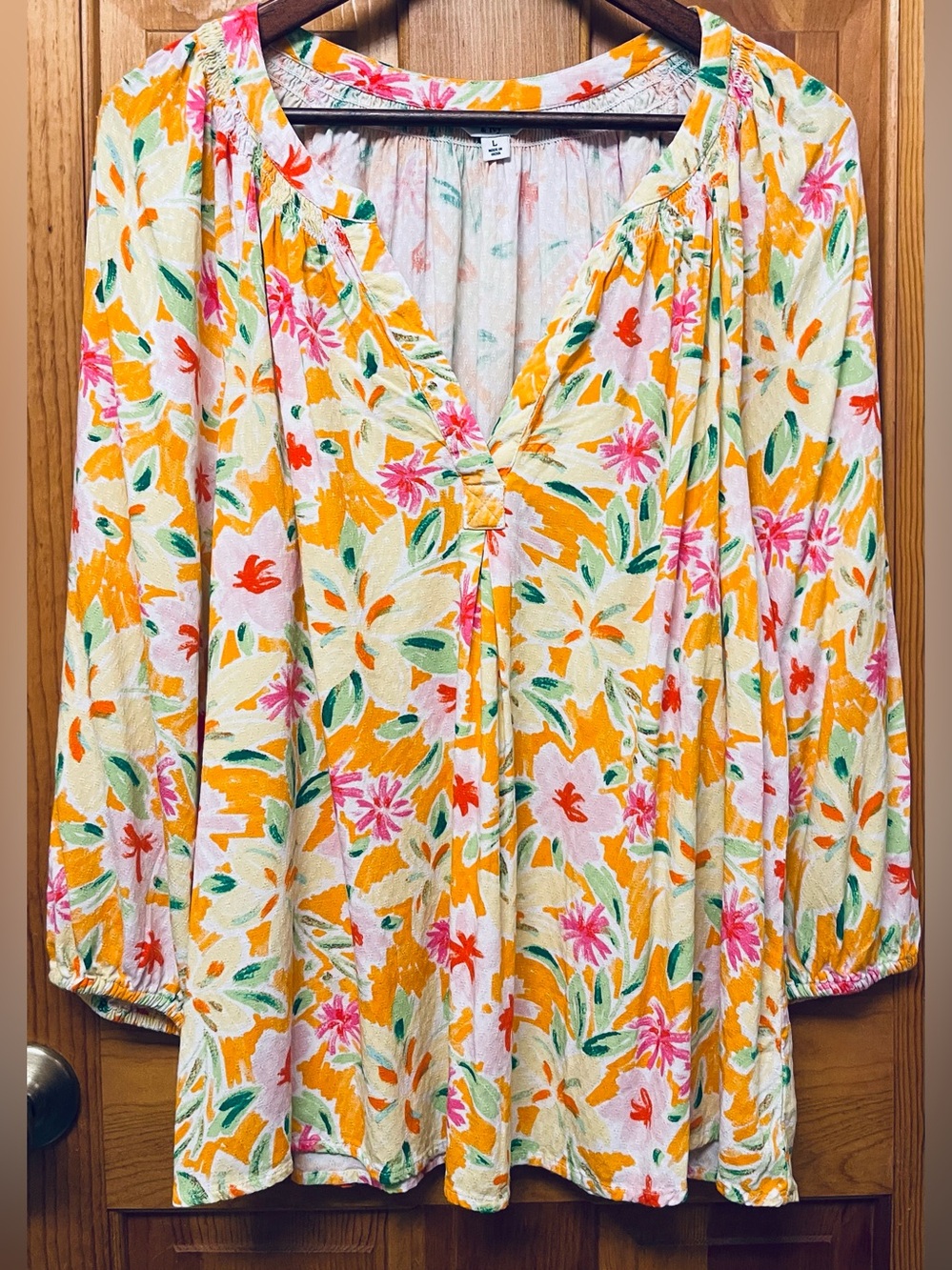 Women’s Crown & Ivy Floral Peasant Blouse Smocked 3/4 Sleeve